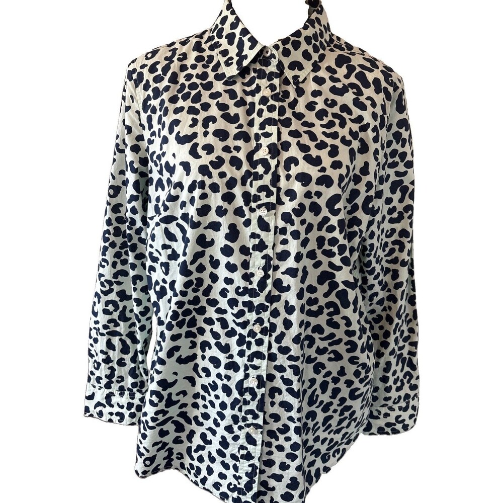 Talbots Sz LARGE Mint Green Navy Blue Cheetah L/S Cotton Button Shirt EUC